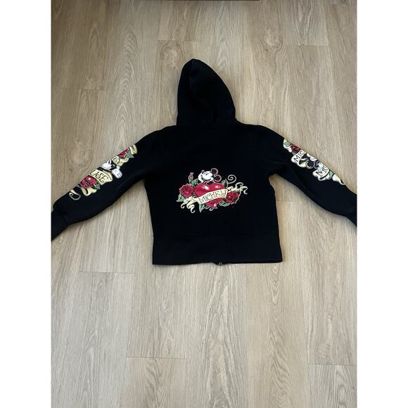 Disney Parks Y2K Black Full Zip Hoodie Women's M Mickey Mouse Rose Tattoo - Picture 9 of 10